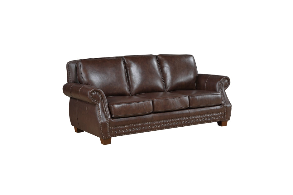 Homelegance 8448BRW-2PC 2 pc Remington brown top grain leather match sofa and love seat set nail head trim accents