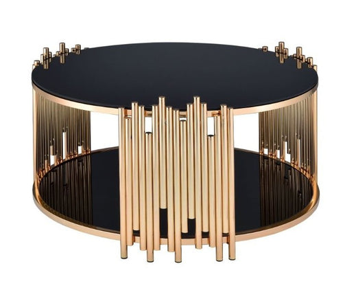 Acme 84490 Everly quinnn reyansh tanquin gold finish metal frame round black glass coffee table with lower shelf