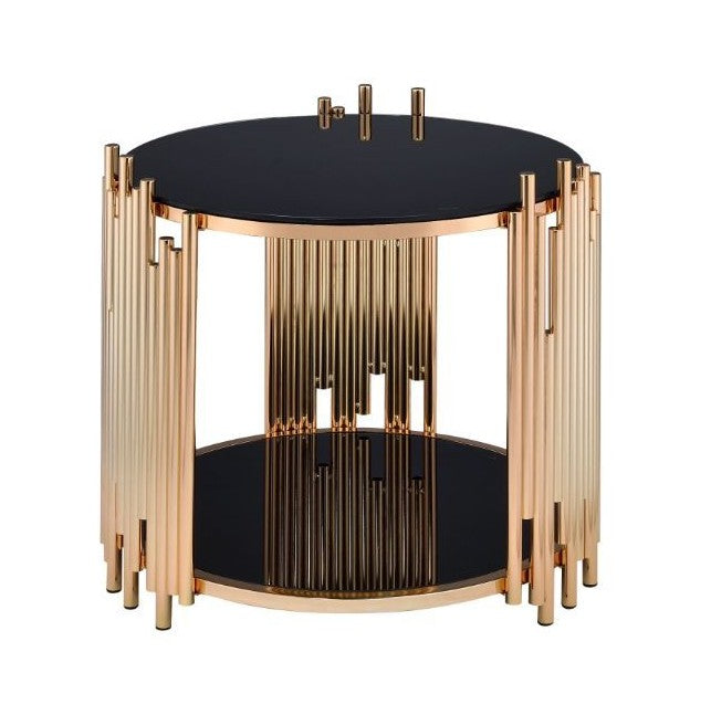 Acme 84492 Everly quinnn reyansh tanquin gold finish metal frame round black glass end table with lower shelf