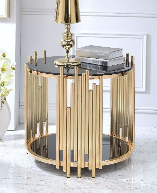 Acme 84492 Everly quinnn reyansh tanquin gold finish metal frame round black glass end table with lower shelf