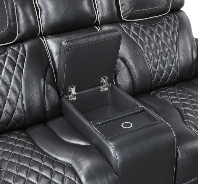 Homelegance 8449BK-2PC 2 pc Apex black top grain leather match diamond pattern power reclining sofa and love seat set LED and USB