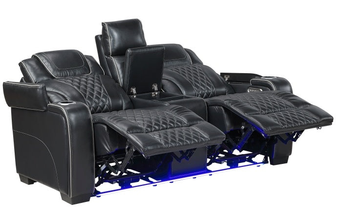 Homelegance 8449BK-2PC 2 pc Apex black top grain leather match diamond pattern power reclining sofa and love seat set LED and USB