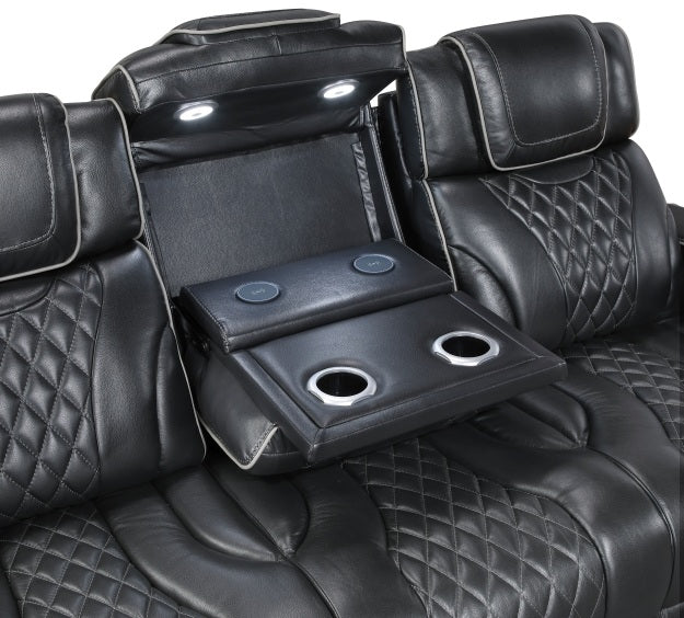 Homelegance 8449BK-2PC 2 pc Apex black top grain leather match diamond pattern power reclining sofa and love seat set LED and USB