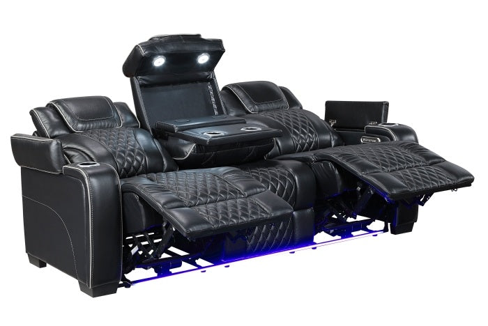 Homelegance 8449BK-2PC 2 pc Apex black top grain leather match diamond pattern power reclining sofa and love seat set LED and USB