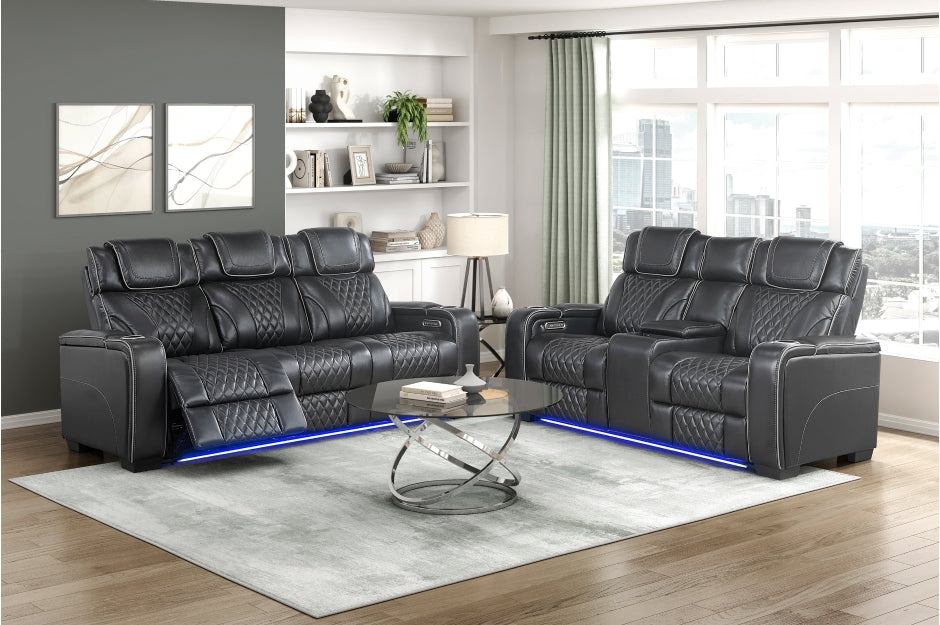Homelegance 8449BK-2PC 2 pc Apex black top grain leather match diamond pattern power reclining sofa and love seat set LED and USB