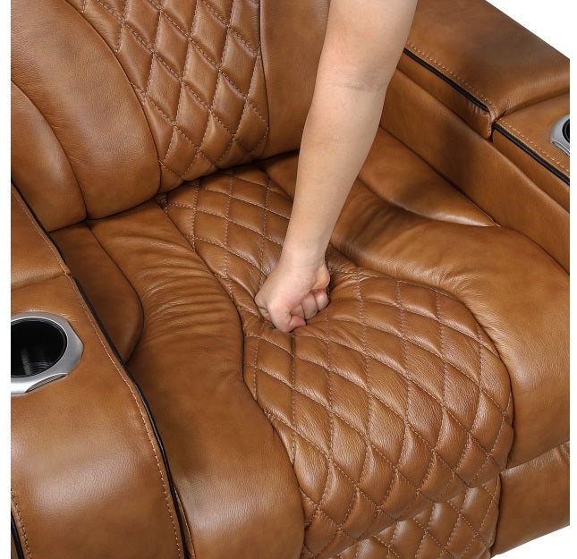 Homelegance 8449BR-2PC 2 pc Apex brown top grain leather match diamond pattern power reclining sofa and love seat set LED and USB