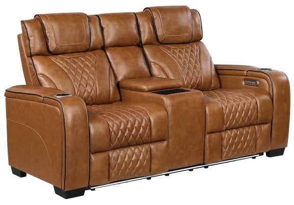 Homelegance 8449BR-2PC 2 pc Apex brown top grain leather match diamond pattern power reclining sofa and love seat set LED and USB