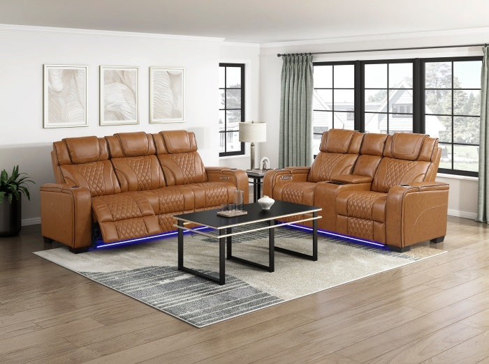 Homelegance 8449BR-2PC 2 pc Apex brown top grain leather match diamond pattern power reclining sofa and love seat set LED and USB