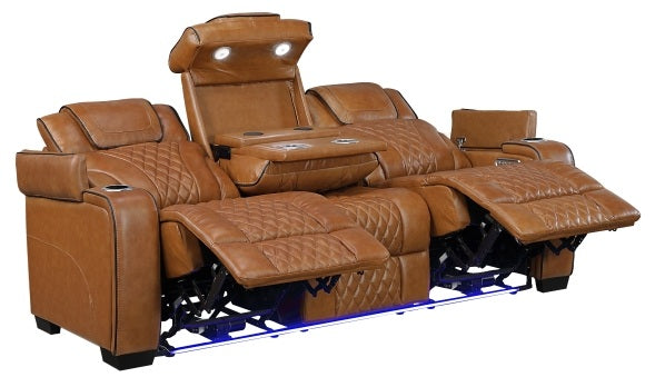 Homelegance 8449BR-2PC 2 pc Apex brown top grain leather match diamond pattern power reclining sofa and love seat set LED and USB