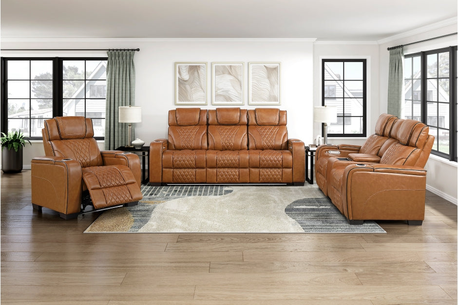 Homelegance 8449BR-2PC 2 pc Apex brown top grain leather match diamond pattern power reclining sofa and love seat set LED and USB