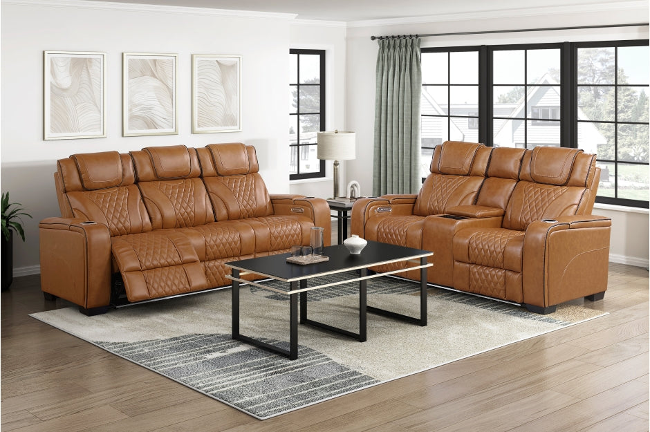 Homelegance 8449BR-2PC 2 pc Apex brown top grain leather match diamond pattern power reclining sofa and love seat set LED and USB