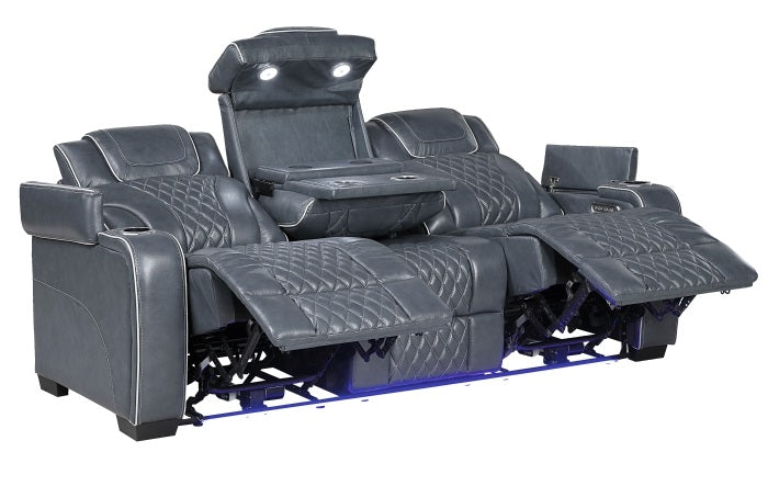 Homelegance 8449BU-2PC 2 pc Apex blue top grain leather match diamond pattern power reclining sofa and love seat set LED and USB