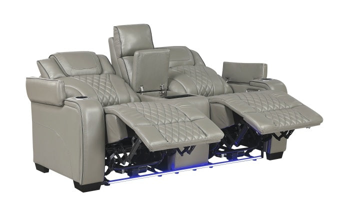 Homelegance 8449GY-2PC 2 pc Apex grey top grain leather match diamond pattern power reclining sofa and love seat set LED and USB