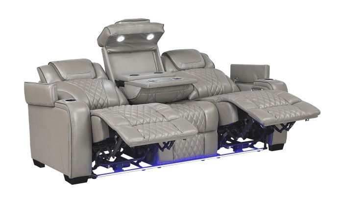 Homelegance 8449GY-2PC 2 pc Apex grey top grain leather match diamond pattern power reclining sofa and love seat set LED and USB