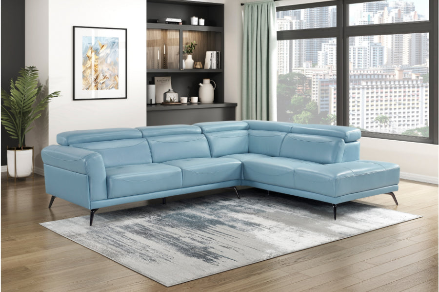 Homelegance 8456BUE-22LRC 2 pc Giselle light blue top grain leather match sectional sofa with chaise and adjustable headrests