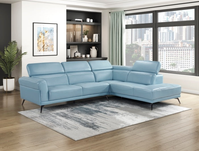 Homelegance 8456BUE-22LRC 2 pc Giselle light blue top grain leather match sectional sofa with chaise and adjustable headrests