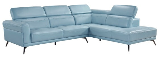 Homelegance 8456BUE-22LRC 2 pc Giselle light blue top grain leather match sectional sofa with chaise and adjustable headrests