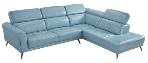 Homelegance 8456BUE-22LRC 2 pc Giselle light blue top grain leather match sectional sofa with chaise and adjustable headrests
