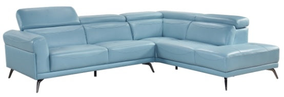 Homelegance 8456BUE-22LRC 2 pc Giselle light blue top grain leather match sectional sofa with chaise and adjustable headrests