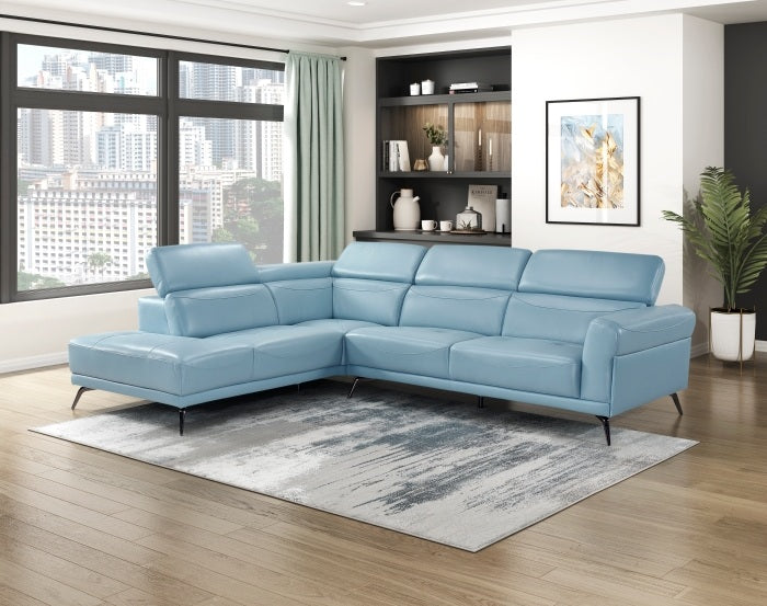 Giselle Light Blue Top Grain Leather 2-Piece Sectional Sofa with Chaise and Adjustable Headrests – 8456BUE-2LC2R