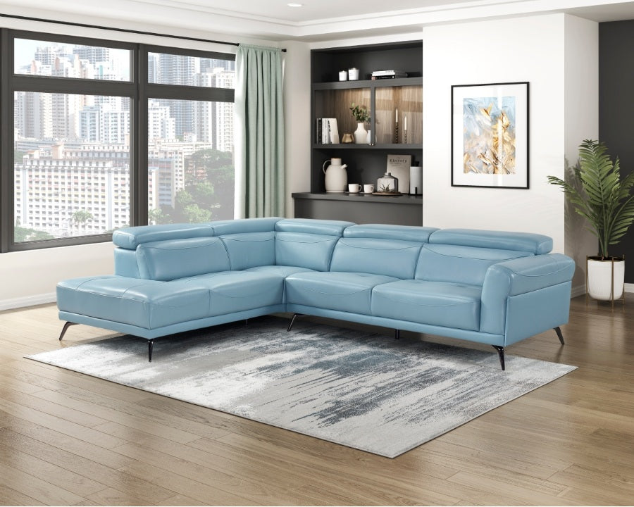 Giselle Light Blue Top Grain Leather 2-Piece Sectional Sofa with Chaise and Adjustable Headrests – 8456BUE-2LC2R