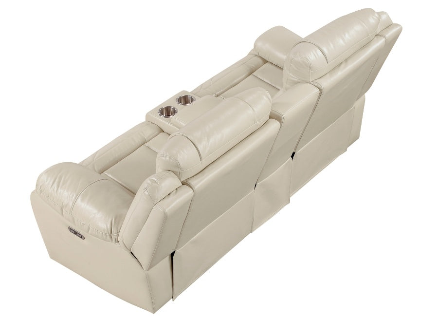 8457BEG-2PW 2 pc Huron beige premium faux leather power motion sofa and love seat set LED lighting USB and drop down tray table