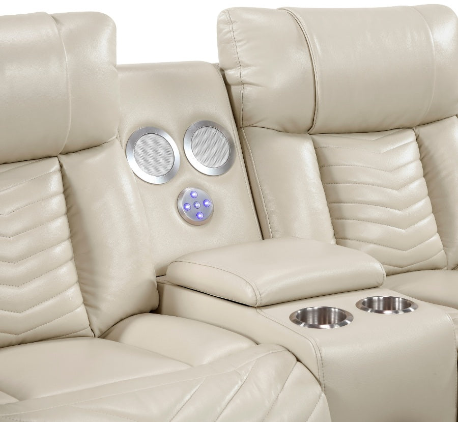 8457BEG-2PW 2 pc Huron beige premium faux leather power motion sofa and love seat set LED lighting USB and drop down tray table