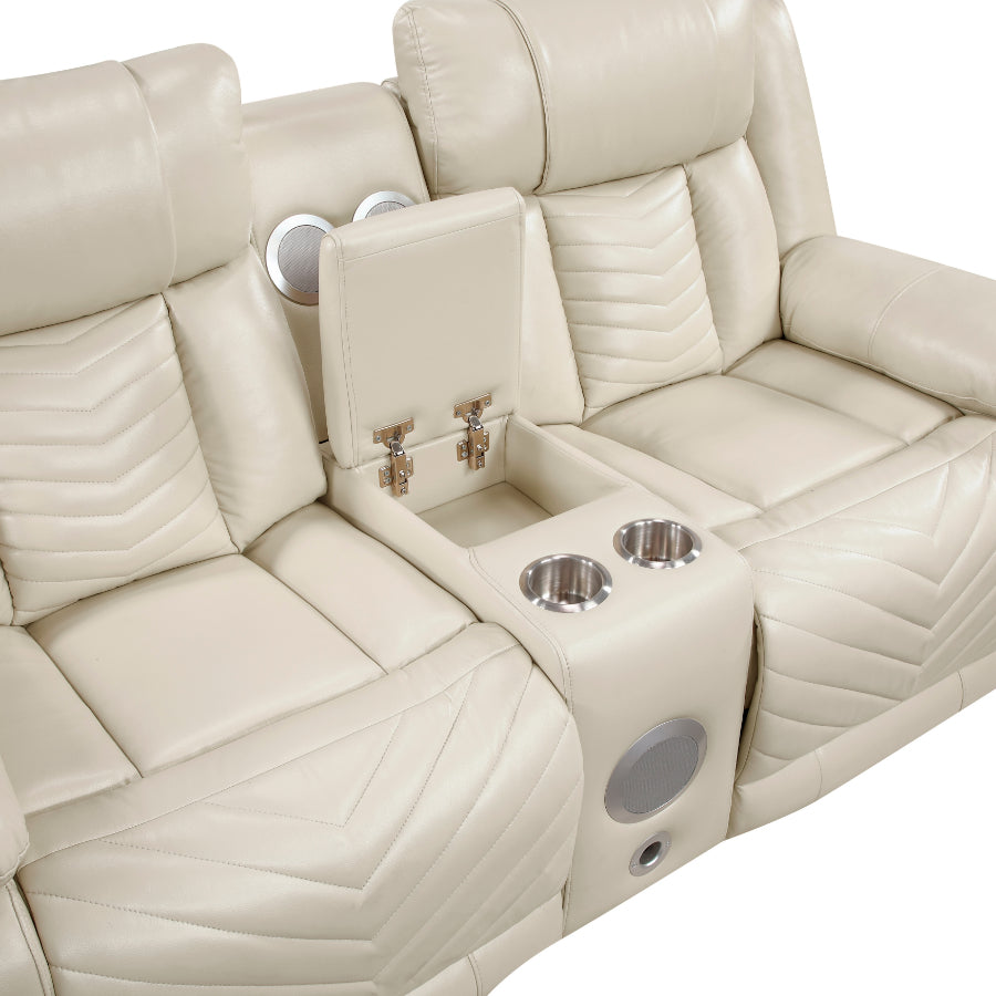 8457BEG-2PW 2 pc Huron beige premium faux leather power motion sofa and love seat set LED lighting USB and drop down tray table