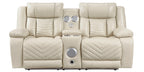8457BEG-2PW 2 pc Huron beige premium faux leather power motion sofa and love seat set LED lighting USB and drop down tray table