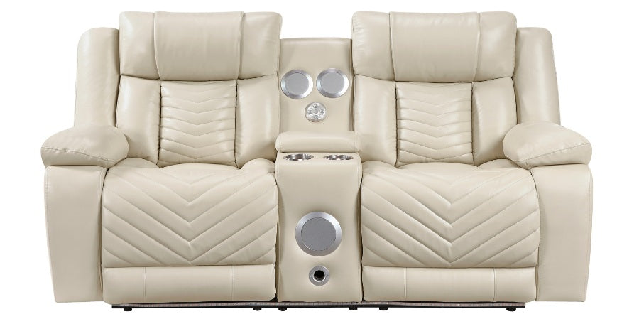 8457BEG-2PW 2 pc Huron beige premium faux leather power motion sofa and love seat set LED lighting USB and drop down tray table