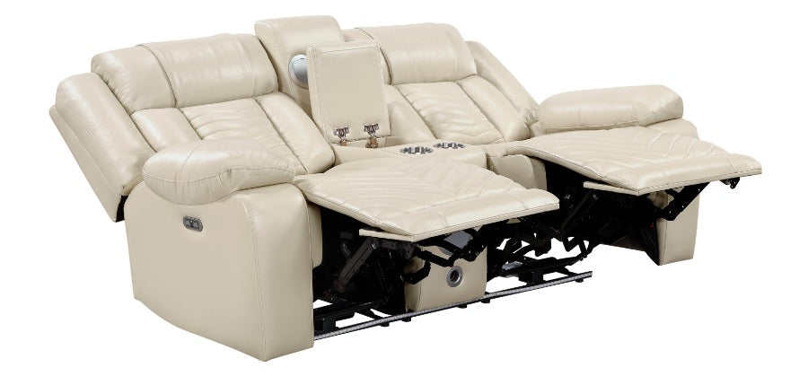 8457BEG-2PW 2 pc Huron beige premium faux leather power motion sofa and love seat set LED lighting USB and drop down tray table
