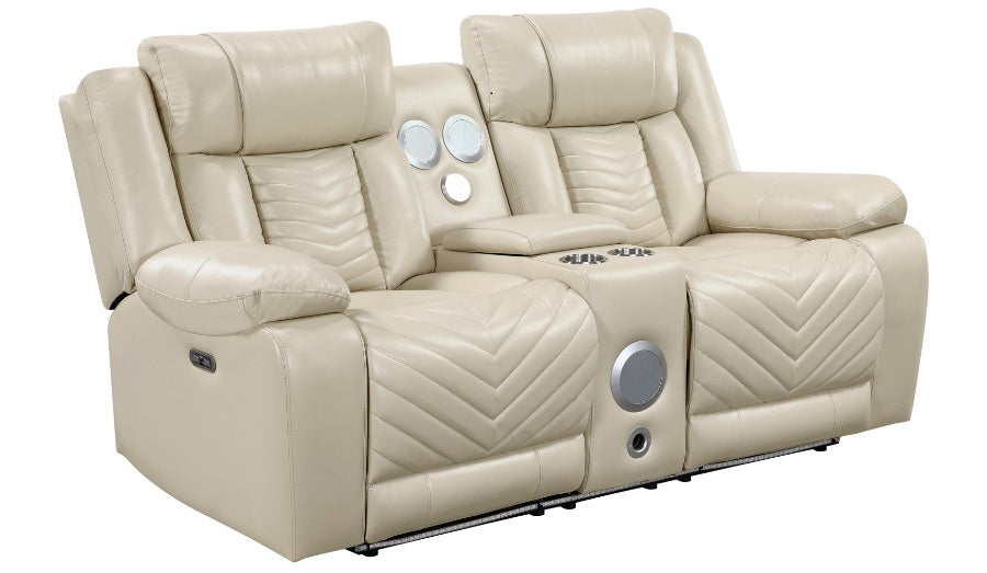 8457BEG-2PW 2 pc Huron beige premium faux leather power motion sofa and love seat set LED lighting USB and drop down tray table