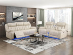 8457BEG-2PW 2 pc Huron beige premium faux leather power motion sofa and love seat set LED lighting USB and drop down tray table