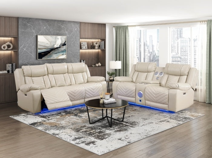 8457BEG-2PW 2 pc Huron beige premium faux leather power motion sofa and love seat set LED lighting USB and drop down tray table
