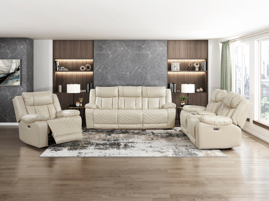 8457BEG-2PW 2 pc Huron beige premium faux leather power motion sofa and love seat set LED lighting USB and drop down tray table