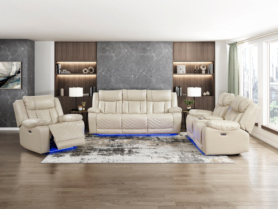 8457BEG-2PW 2 pc Huron beige premium faux leather power motion sofa and love seat set LED lighting USB and drop down tray table