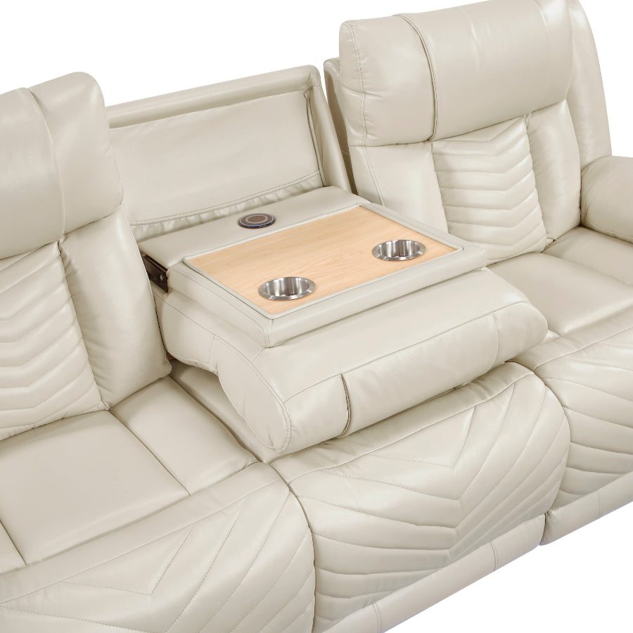 8457BEG-2PW 2 pc Huron beige premium faux leather power motion sofa and love seat set LED lighting USB and drop down tray table
