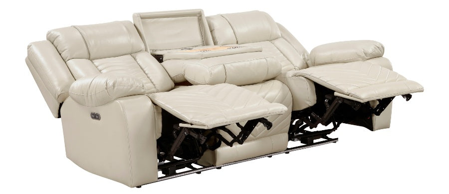 8457BEG-2PW 2 pc Huron beige premium faux leather power motion sofa and love seat set LED lighting USB and drop down tray table