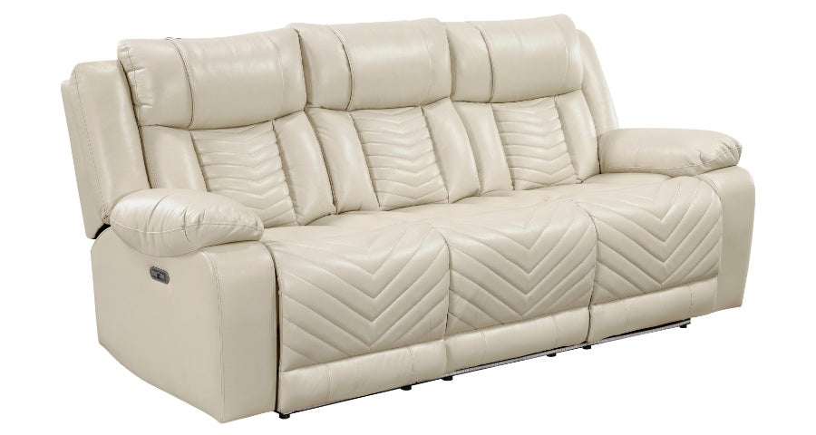 8457BEG-2PW 2 pc Huron beige premium faux leather power motion sofa and love seat set LED lighting USB and drop down tray table