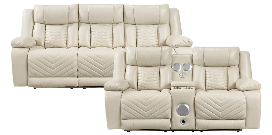 8457BEG-2PW 2 pc Huron beige premium faux leather power motion sofa and love seat set LED lighting USB and drop down tray table