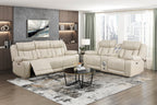8457BEG-2PW 2 pc Huron beige premium faux leather power motion sofa and love seat set LED lighting USB and drop down tray table