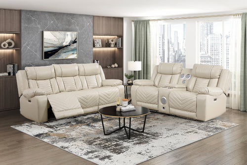 8457BEG-2PW 2 pc Huron beige premium faux leather power motion sofa and love seat set LED lighting USB and drop down tray table