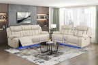8457BEG-2PW 2 pc Huron beige premium faux leather power motion sofa and love seat set LED lighting USB and drop down tray table