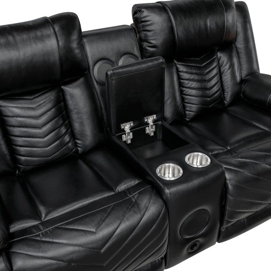 8457BLK-2PW 2 pc Huron black premium faux leather power motion sofa and love seat set LED lighting USB and drop down tray table