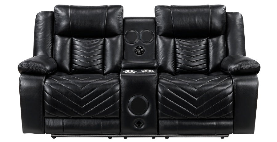 8457BLK-2PW 2 pc Huron black premium faux leather power motion sofa and love seat set LED lighting USB and drop down tray table