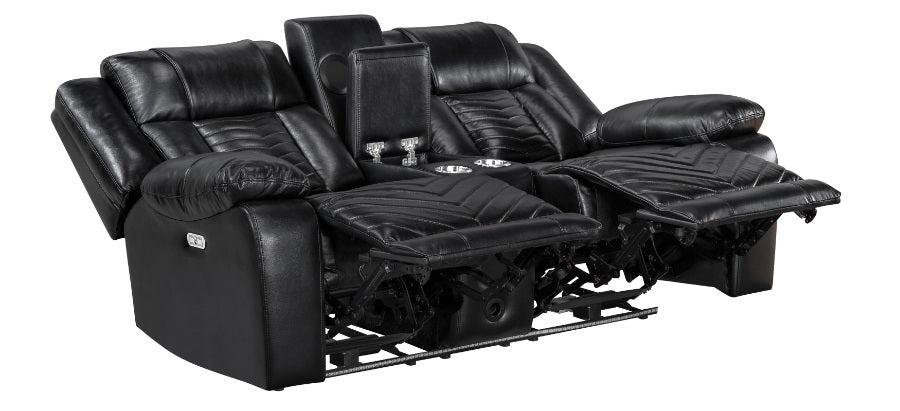 8457BLK-2PW 2 pc Huron black premium faux leather power motion sofa and love seat set LED lighting USB and drop down tray table