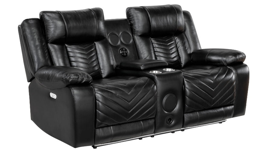 8457BLK-2PW 2 pc Huron black premium faux leather power motion sofa and love seat set LED lighting USB and drop down tray table