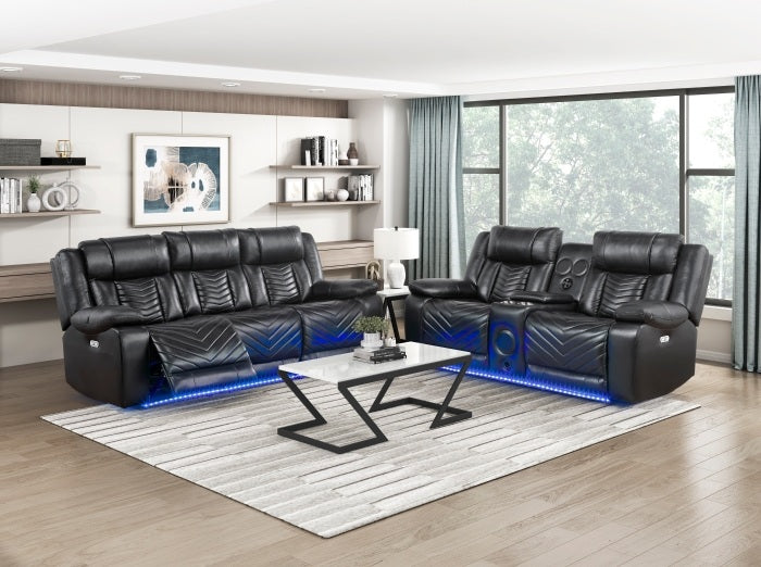 8457BLK-2PW 2 pc Huron black premium faux leather power motion sofa and love seat set LED lighting USB and drop down tray table