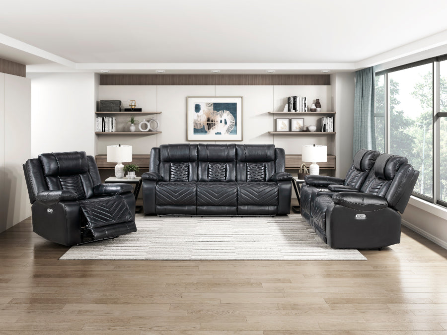 8457BLK-2PW 2 pc Huron black premium faux leather power motion sofa and love seat set LED lighting USB and drop down tray table