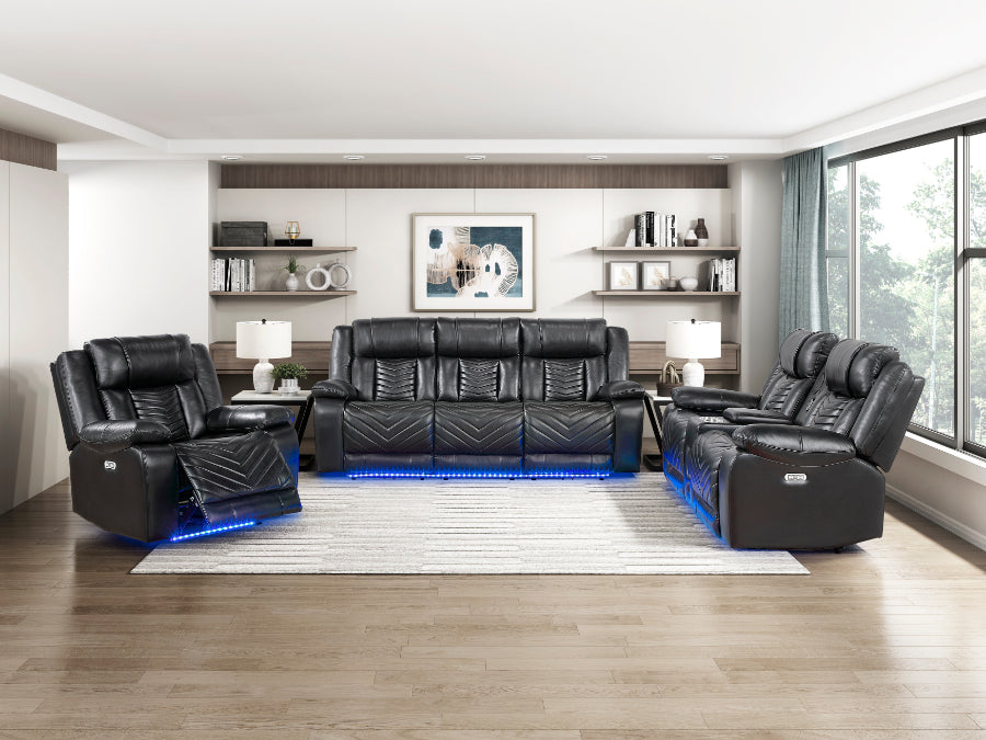 8457BLK-2PW 2 pc Huron black premium faux leather power motion sofa and love seat set LED lighting USB and drop down tray table